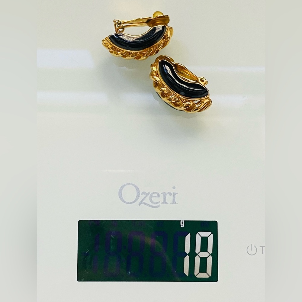 Vintage St. John Gold Black Enamel Clip Earrings - Picture 6 of 7